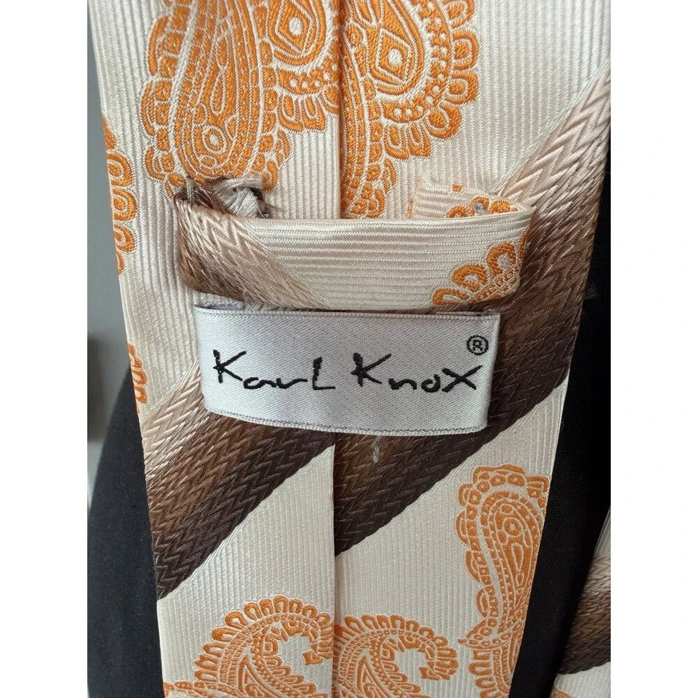 Karl Knox Bold Designer Necktie Orange Paisley Geometric Brown Cream Microfiber